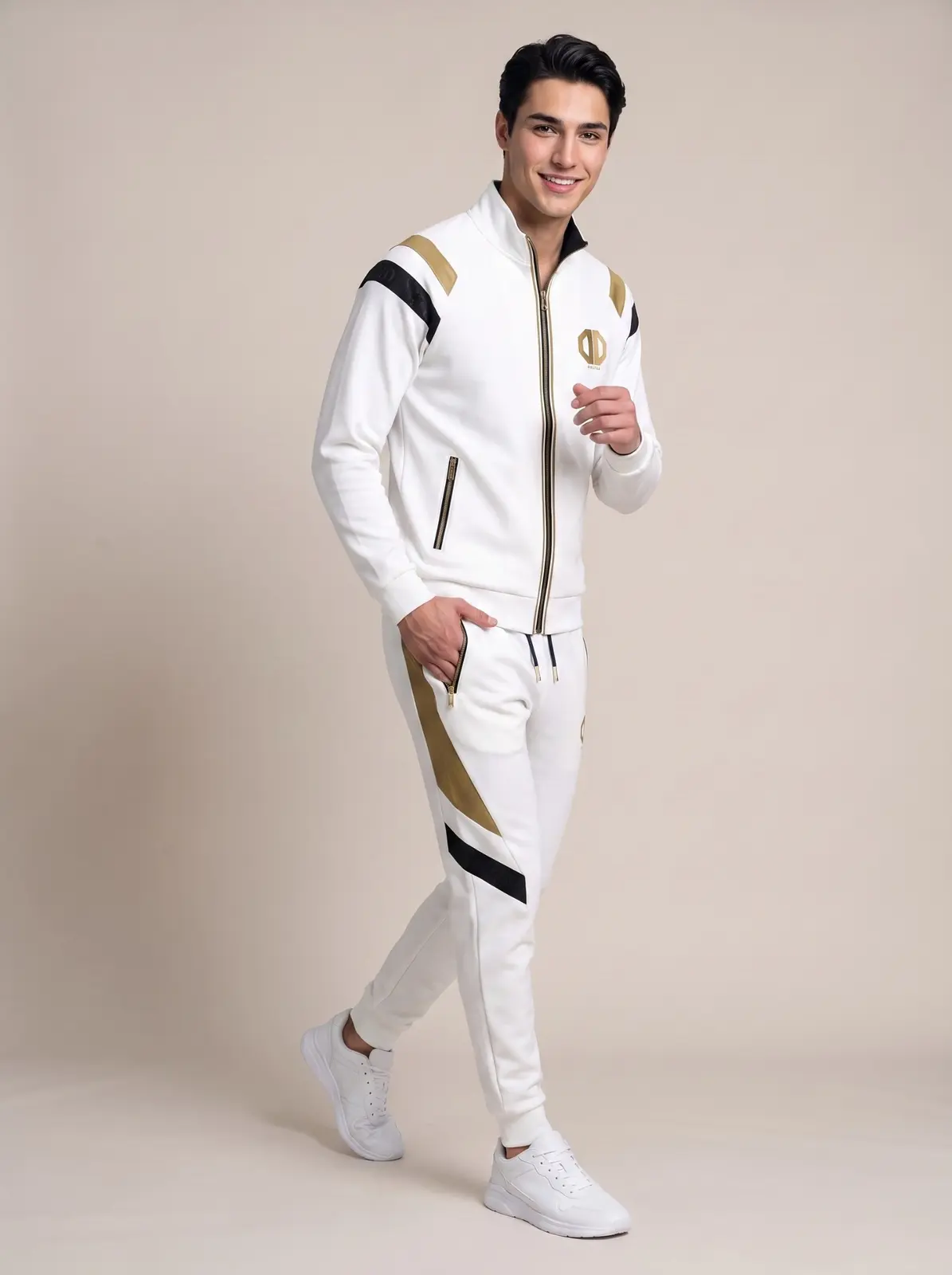 Model wearing a white and gold DSG custom tracksuit