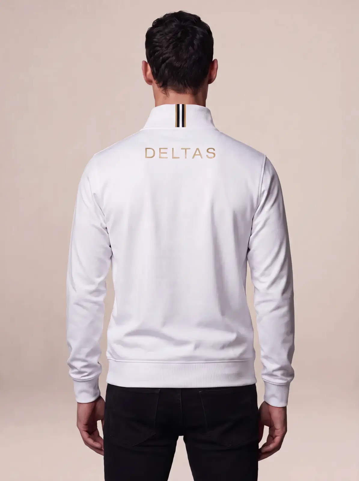 Back view of a premium white custom quarter zip